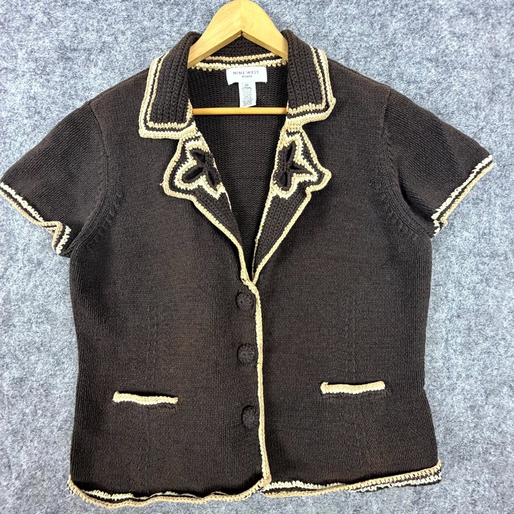 Vintage Nine West Cardigan Sweater Womens 2X Brown Contrast Stitch Grandma Chic